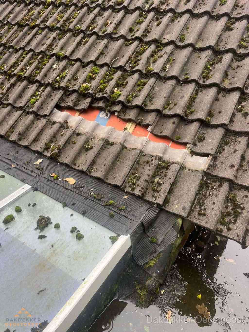 Beschadigd pannendak met ontbrekende dakpannen voor reparatie in Oegstgeest Beschadigd pannendak met ontbrekende dakpannen voor reparatie in Oegstgeest